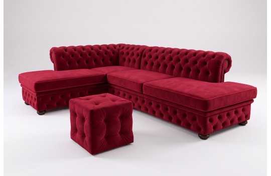 Bordowa kanapa narożna chesterfield 280x200 cm z pufem na białym tle Bordowa kanapa narożna chesterfield 280x200 cm z pufem na białym tle