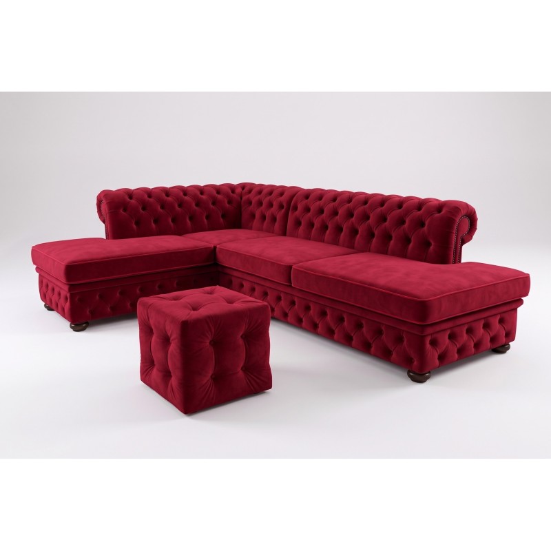 Bordowa kanapa narożna chesterfield 280x200 cm z pufem na białym tle Bordowa kanapa narożna chesterfield 280x200 cm z pufem na białym tle