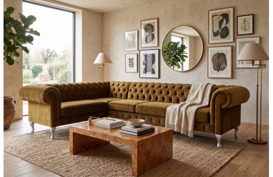 Musztardowy narożnik chesterfield glamour Oliwer w salonie z galerią obrazów Musztardowy narożnik chesterfield glamour Oliwer w salonie z galerią obrazów