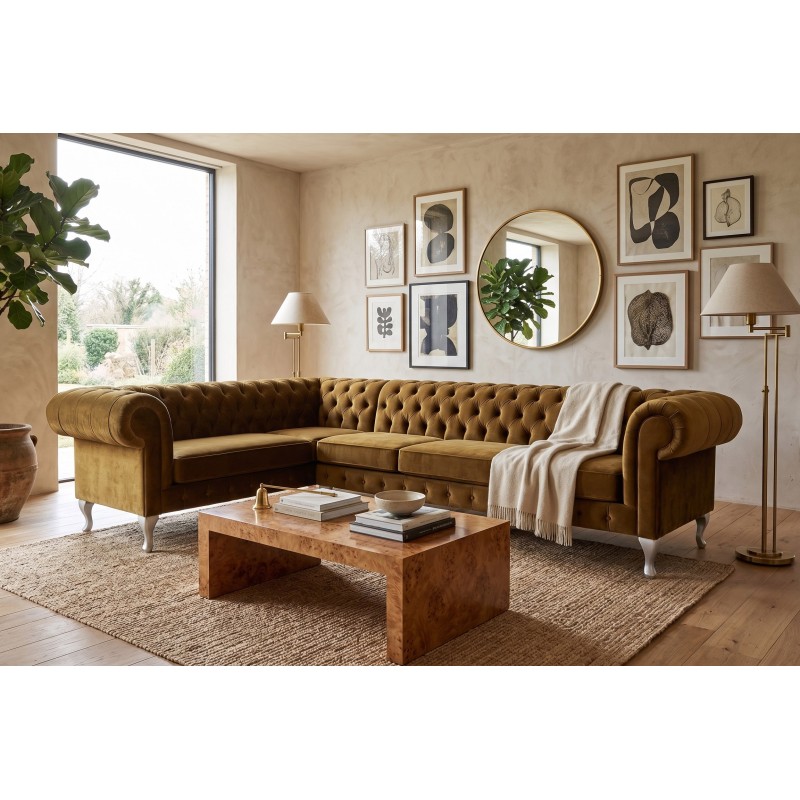 Musztardowy narożnik chesterfield glamour Oliwer w salonie z galerią obrazów Musztardowy narożnik chesterfield glamour Oliwer w salonie z galerią obrazów
