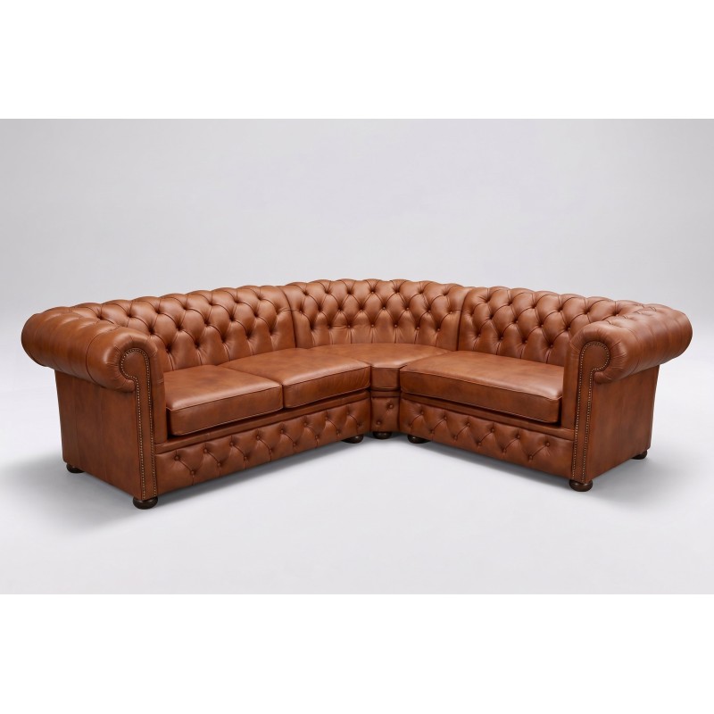 Brązowy skórzany narożnik Chesterfield Gaja 300x200 cm na gładkim białym tle Brązowy skórzany narożnik Chesterfield Gaja 300x200 cm na gładkim białym tle
