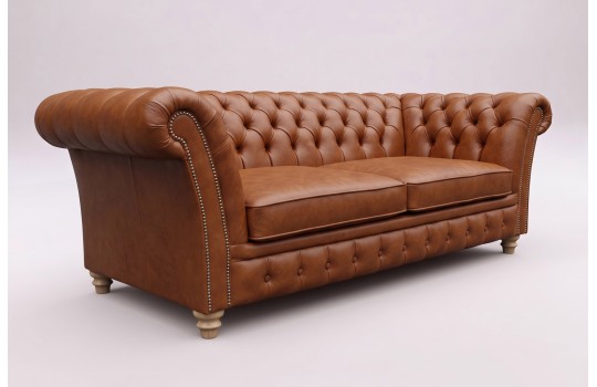 Brązowa skórzana sofa chesterfield Neapol na jasnym tle Brązowa skórzana sofa chesterfield Neapol na jasnym tle