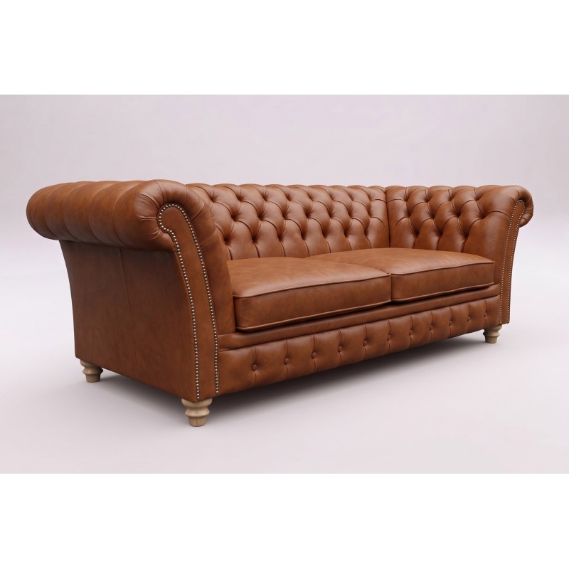 Brązowa skórzana sofa chesterfield Neapol na jasnym tle Brązowa skórzana sofa chesterfield Neapol na jasnym tle