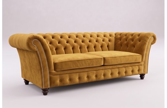 Musztardowa sofa chesterfield Neapol na wymiar na jasnym tle