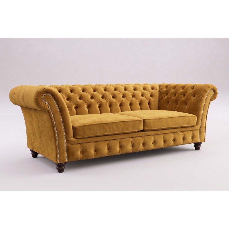 Musztardowa sofa chesterfield Neapol na wymiar na jasnym tle Musztardowa sofa chesterfield Neapol na wymiar na jasnym tle