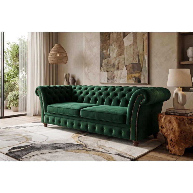 Butelkowozielona sofa chesterfield Neapol w aranżacji eleganckiego salonu Butelkowozielona sofa chesterfield Neapol w aranżacji eleganckiego salonu