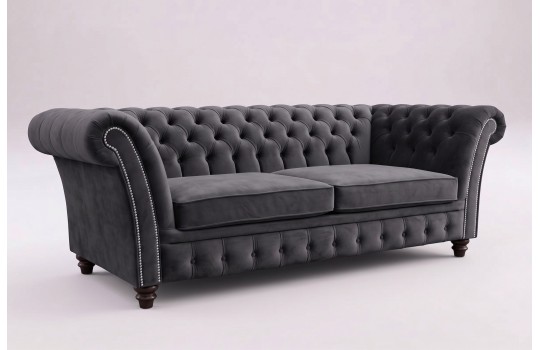 Ciemnoszara sofa chesterfield Neapol na białym tle z widocznym pikowaniem oparcia Ciemnoszara sofa chesterfield Neapol na białym tle z widocznym pikowaniem oparcia