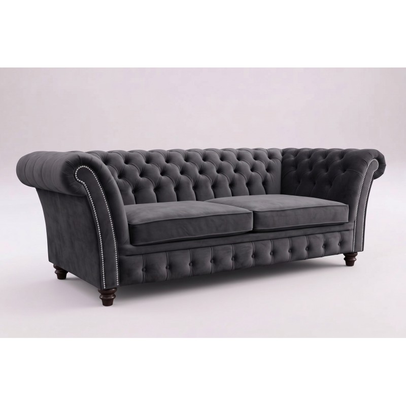 Ciemnoszara sofa chesterfield Neapol na białym tle z widocznym pikowaniem oparcia Ciemnoszara sofa chesterfield Neapol na białym tle z widocznym pikowaniem oparcia