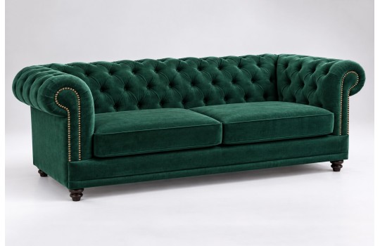 Butelkowozielona sofa chesterfield Luiza 200 cm z rzędem ćwieków wzdłuż podłokietników Butelkowozielona sofa chesterfield Luiza 200 cm z rzędem ćwieków wzdłuż podłokietników