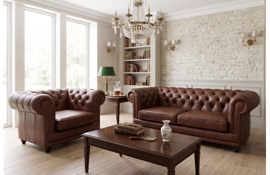 Zestaw chesterfield kanapa i fotel Luiza 3+1, kanapa 200 cm w brązowej skórze w jasnym salonie