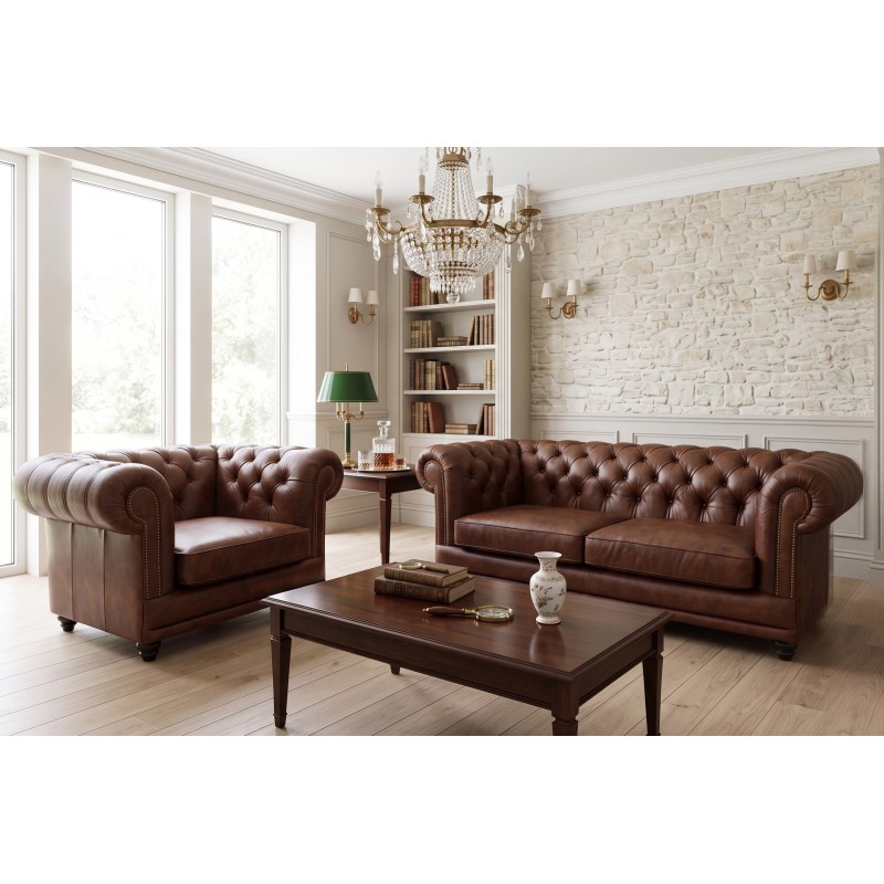 Zestaw chesterfield kanapa i fotel Luiza 3+1, kanapa 200 cm w brązowej skórze w jasnym salonie Zestaw chesterfield kanapa i fotel Luiza 3+1, kanapa 200 cm w brązowej skórze w jasnym salonie
