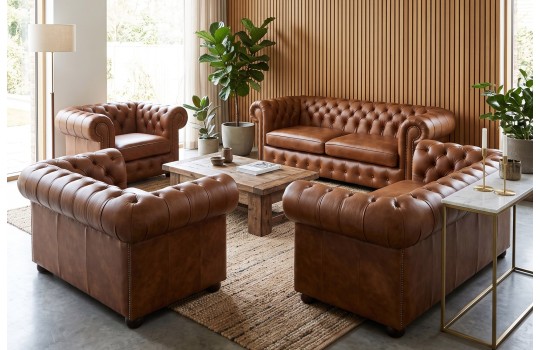 Zestaw chesterfield Parole z dwoma fotelami w aranżacji salonu