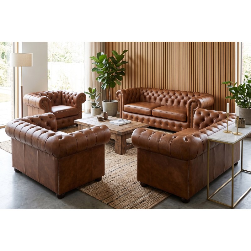 Zestaw chesterfield Parole z dwoma fotelami w aranżacji salonu