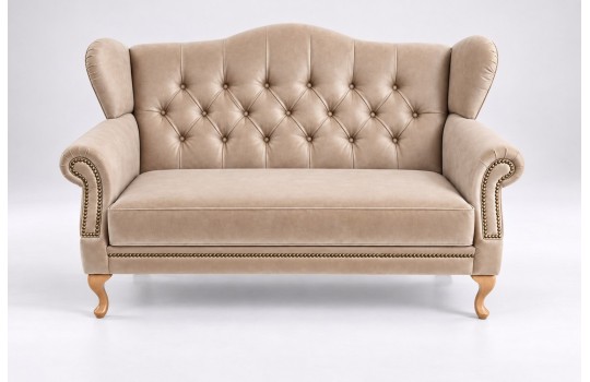 Sofa uszak z ćwiekami Aloha 150 cm w beżowej skórze, widok od frontu