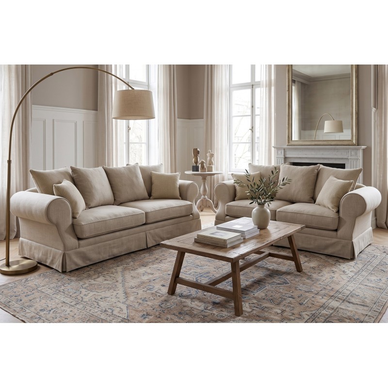 Komplet dwóch kanap Korsar 200 i 180 cm w lnianej tkaninie w jasnym salonie Komplet dwóch kanap Korsar 200 i 180 cm w lnianej tkaninie w jasnym salonie