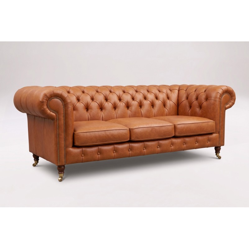 Kanapa chesterfield Elpida 220 cm w koniakowej skórze, ujęcie pod kątem Kanapa chesterfield Elpida 220 cm w koniakowej skórze, ujęcie pod kątem