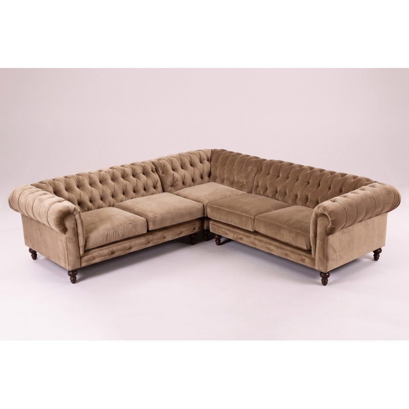 Narożnik chesterfield Anatol w beżowym welurze, widok pod kątem Narożnik chesterfield Anatol w beżowym welurze, widok pod kątem