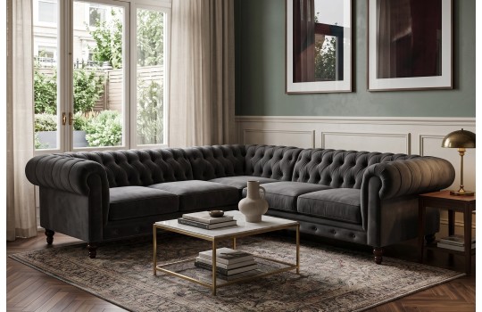 Narożnik chesterfield 250 x 250 cm Anatol w szarym welurze Narożnik chesterfield 250 x 250 cm Anatol w szarym welurze
