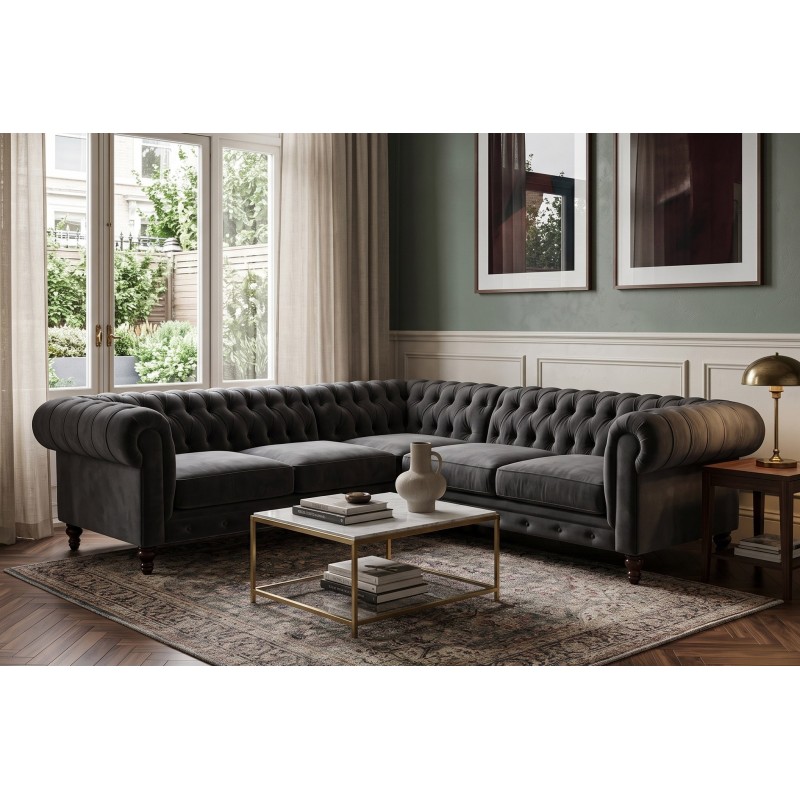Narożnik chesterfield 250 x 250 cm Anatol w szarym welurze Narożnik chesterfield 250 x 250 cm Anatol w szarym welurze
