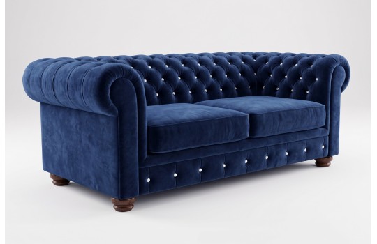 Granatowa sofa retro w stylu chesterfield – ciemny welur z pikowaniem zdobionym cyrkoniami Granatowa sofa retro w stylu chesterfield – ciemny welur z pikowaniem zdobionym cyrkoniami