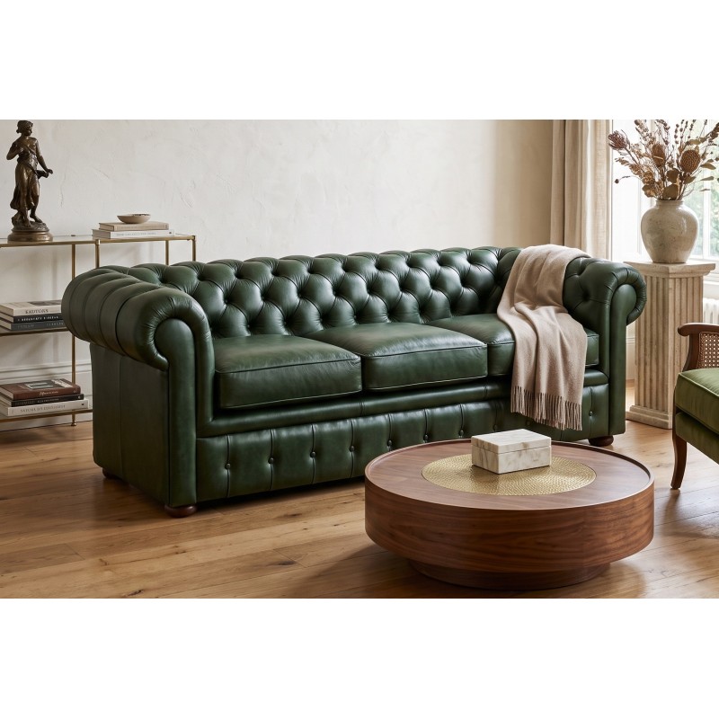 Sofa skórzana vintage w butelkowej zieleni – chesterfield z pikowaniem guzikami Sofa skórzana vintage w butelkowej zieleni – chesterfield z pikowaniem guzikami