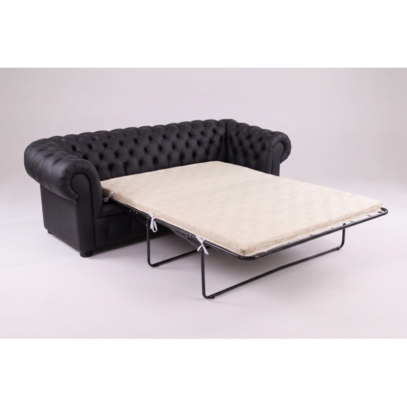 Sofa chesterfield z funkcją spania – rozłożony materac na stelażu, czarne skórzane obicie Sofa chesterfield z funkcją spania – rozłożony materac na stelażu, czarne skórzane obicie
