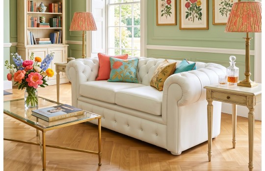 Biała skórzana sofa chesterfield – jasne obicie z pikowaniem guzikami i dwa siedziska Biała skórzana sofa chesterfield – jasne obicie z pikowaniem guzikami i dwa siedziska