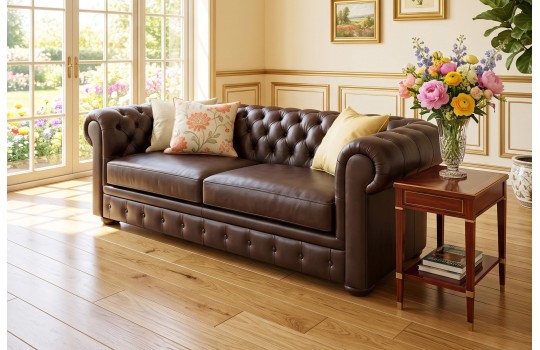 Ciemnobrązowa sofa skórzana chesterfield – aranżacja klasycznego salonu z poduszkami Ciemnobrązowa sofa skórzana chesterfield – aranżacja klasycznego salonu z poduszkami
