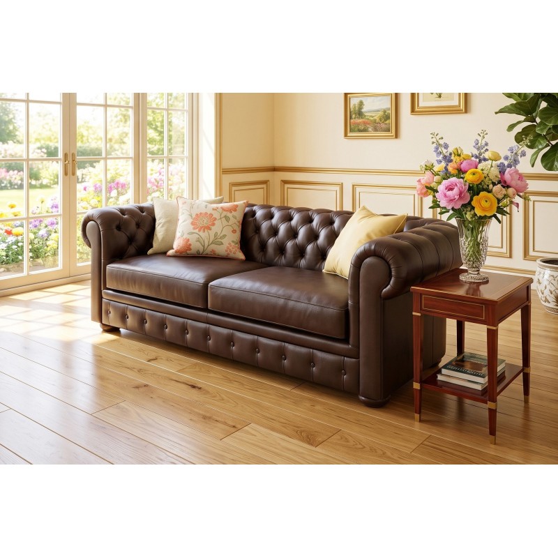 Ciemnobrązowa sofa skórzana chesterfield – aranżacja klasycznego salonu z poduszkami Ciemnobrązowa sofa skórzana chesterfield – aranżacja klasycznego salonu z poduszkami