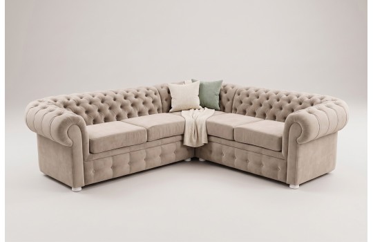 Narożnik chesterfield 240 x 240 cm w kremowej tkaninie – pikowane oparcie i wałki boczne Narożnik chesterfield 240 x 240 cm w kremowej tkaninie – pikowane oparcie i wałki boczne