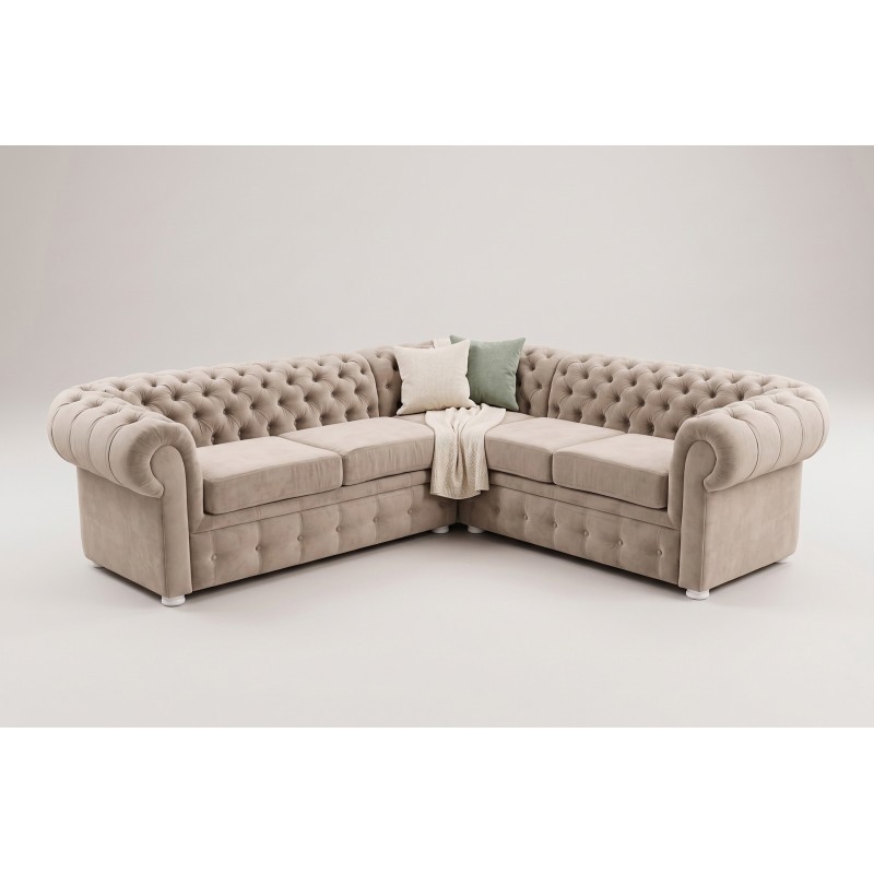 Narożnik chesterfield 240 x 240 cm w kremowej tkaninie – pikowane oparcie i wałki boczne Narożnik chesterfield 240 x 240 cm w kremowej tkaninie – pikowane oparcie i wałki boczne