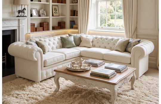 Narożnik chesterfield w jasnej tkaninie – kremowy komplet w salonie z kominkiem Narożnik chesterfield w jasnej tkaninie – kremowy komplet w salonie z kominkiem