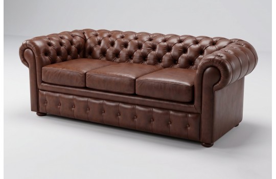 Ciemnobrązowa sofa chesterfield – trzy siedziska i głęboko pikowane oparcie