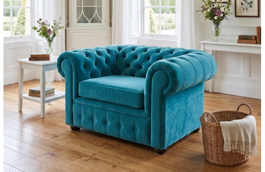 Turkusowy fotel Chesterfield Retro z koszem na koc Turkusowy fotel Chesterfield Retro z koszem na koc