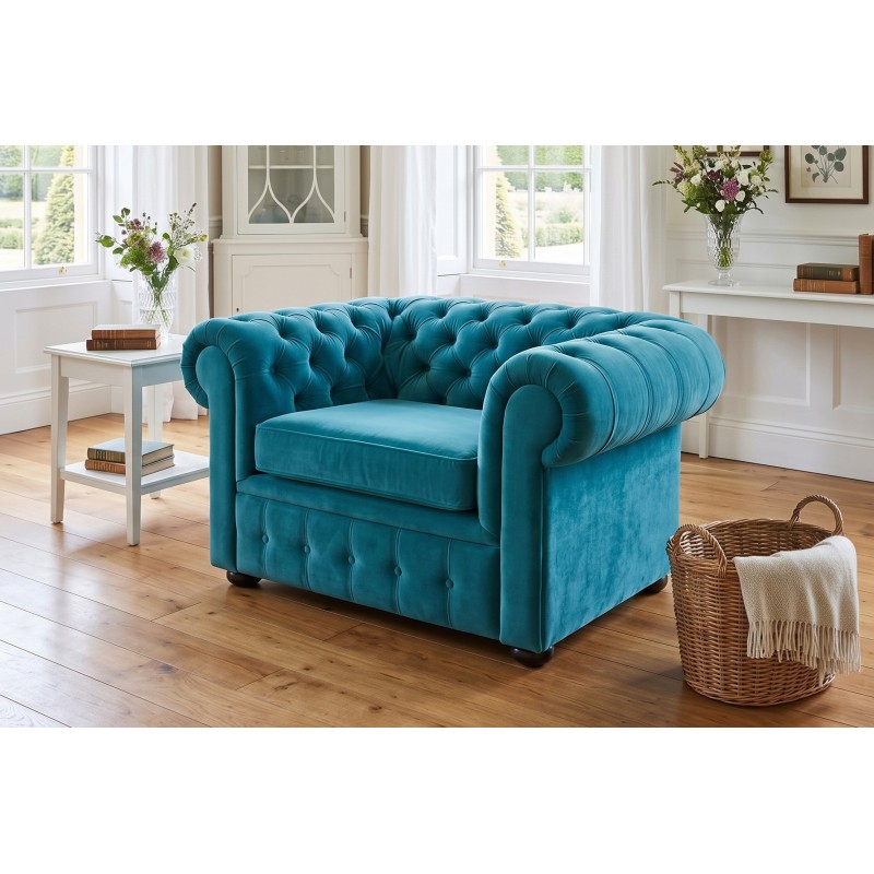 Turkusowy fotel Chesterfield Retro z koszem na koc Turkusowy fotel Chesterfield Retro z koszem na koc