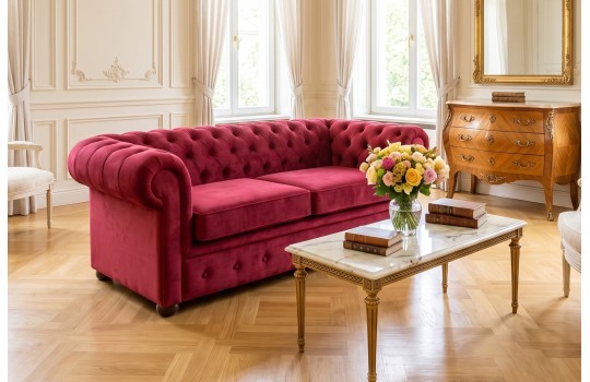 Czerwona sofa Chesterfield Retro w salonie z komodą Czerwona sofa Chesterfield Retro w salonie z komodą