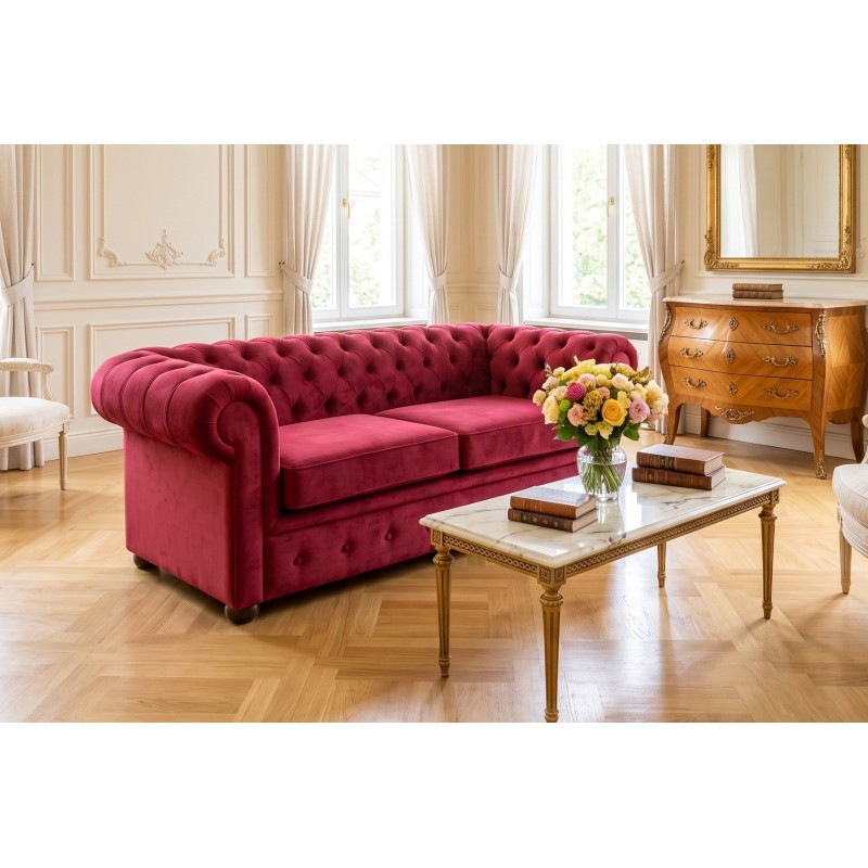 Czerwona sofa Chesterfield Retro w salonie z komodą Czerwona sofa Chesterfield Retro w salonie z komodą