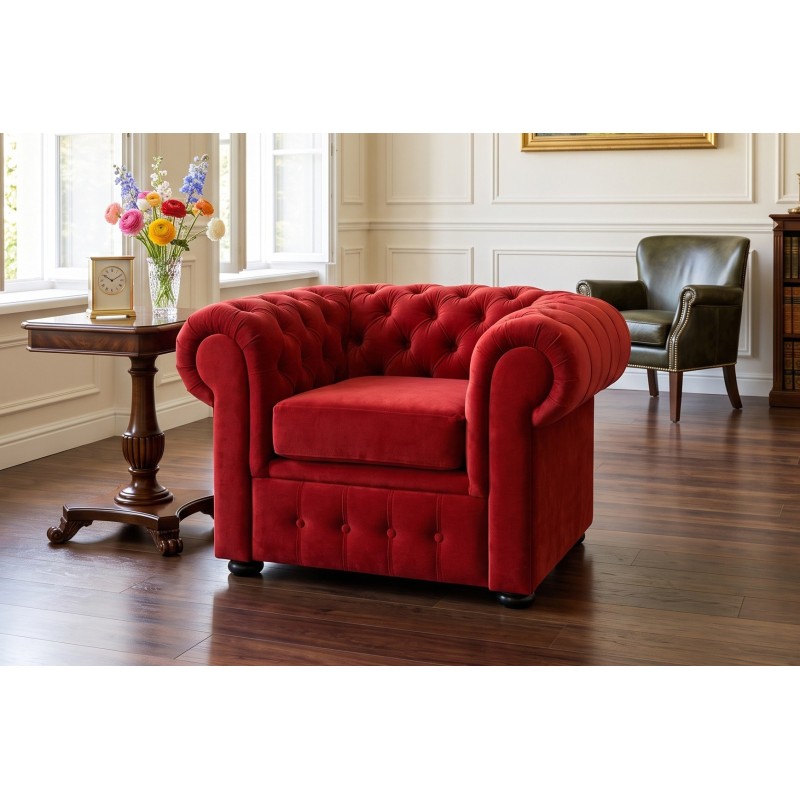 Czerwony fotel Chesterfield Retro – welurowe obicie z pikowaniem guzikami w jasnym salonie Czerwony fotel Chesterfield Retro – welurowe obicie z pikowaniem guzikami w jasnym salonie