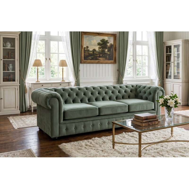 Zielona sofa Chesterfield Retro z trzema siedziskami w salonie Zielona sofa Chesterfield Retro z trzema siedziskami w salonie
