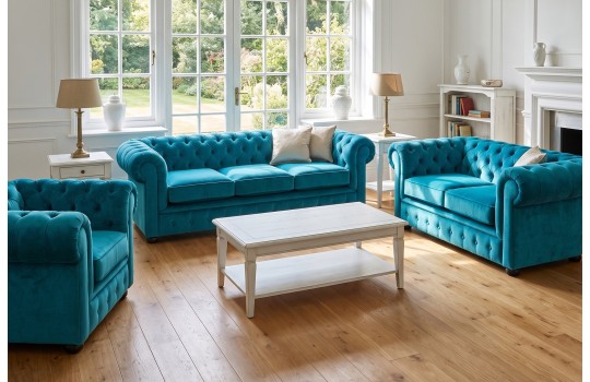 Turkusowy komplet Chesterfield Retro - dwie sofy i fotel Turkusowy komplet Chesterfield Retro - dwie sofy i fotel