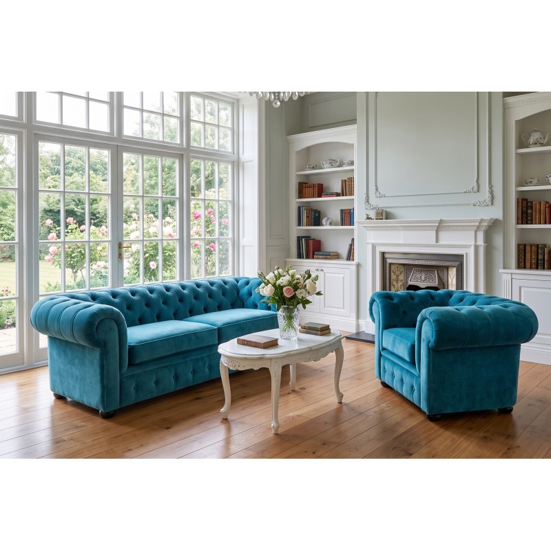 Turkusowa sofa i fotel Chesterfield Retro z tej samej kolekcji