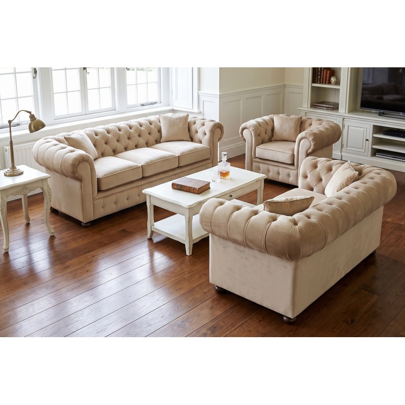 Beżowy komplet Chesterfield Retro - sofa i fotele Beżowy komplet Chesterfield Retro - sofa i fotele