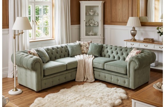 Zielony symetryczny narożnik Chesterfield Retro w salonie Zielony symetryczny narożnik Chesterfield Retro w salonie