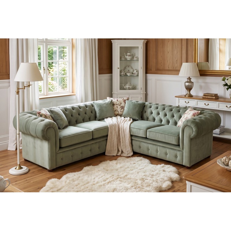 Zielony symetryczny narożnik Chesterfield Retro w salonie Zielony symetryczny narożnik Chesterfield Retro w salonie