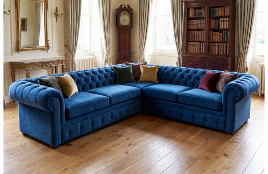 Granatowy narożnik chesterfield Malard na wymiar w wersji 260x260 cm
