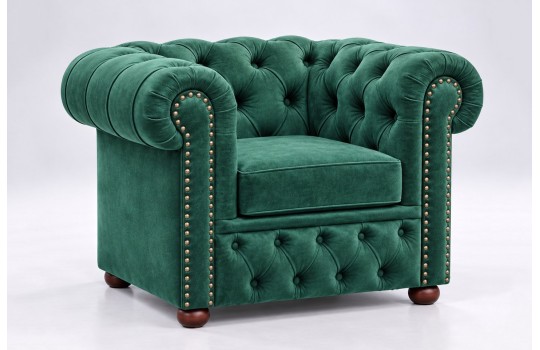 Fotel chesterfield Foster w zieleni – pikowane oparcie, ćwieki i toczone drewniane nóżki Fotel chesterfield Foster w zieleni – pikowane oparcie, ćwieki i toczone drewniane nóżki