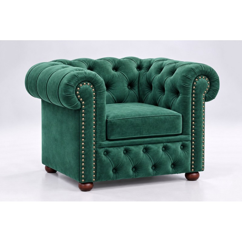 Fotel chesterfield Foster w zieleni – pikowane oparcie, ćwieki i toczone drewniane nóżki Fotel chesterfield Foster w zieleni – pikowane oparcie, ćwieki i toczone drewniane nóżki