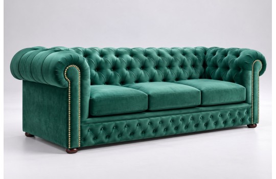 Zielona sofa chesterfield Foster – butelkowa zieleń welurowa, pikowane oparcie i ćwieki