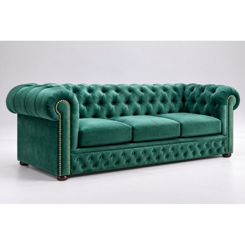 Zielona sofa chesterfield Foster – butelkowa zieleń welurowa, pikowane oparcie i ćwieki