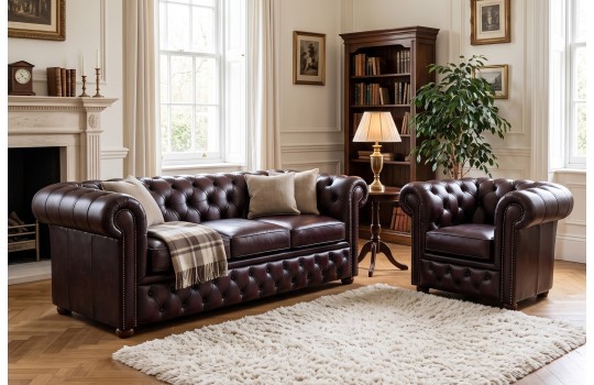 Komplet chesterfield Foster – sofa z fotelem w brązowej skórze, salon z kominkiem Komplet chesterfield Foster – sofa z fotelem w brązowej skórze, salon z kominkiem